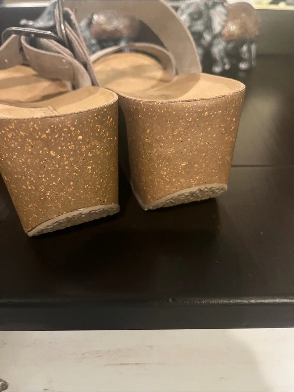 Daisy Metallic Taupe Double Strap Wedge Sandals